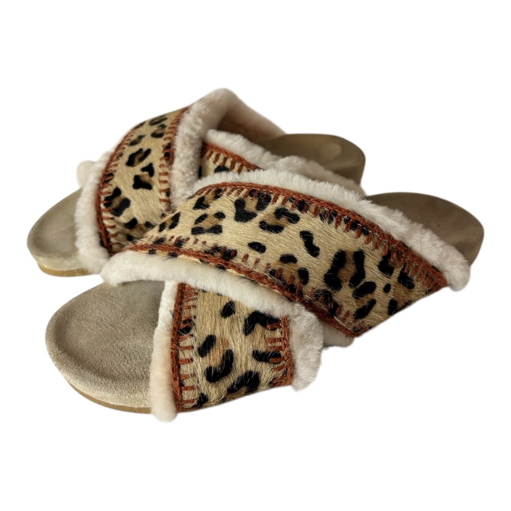 Laidback London Slippers Slide Faux Fur Lined Sandal Calf Hair Leopard US7 EU38